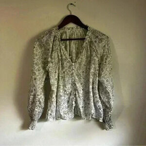 Boho Paisley Print Peasant Blouse Button Front Ruffle Neck Long Sleeve